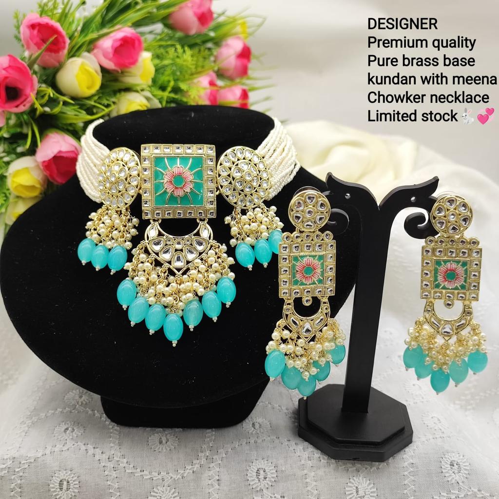 JewelMaze Gold Plated Kundan And Beads Meenakari Choker Necklace Set - 11374774SBL