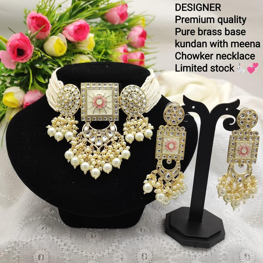 JewelMaze Gold Plated Kundan And Beads Meenakari Choker Necklace Set - 11374775WH
