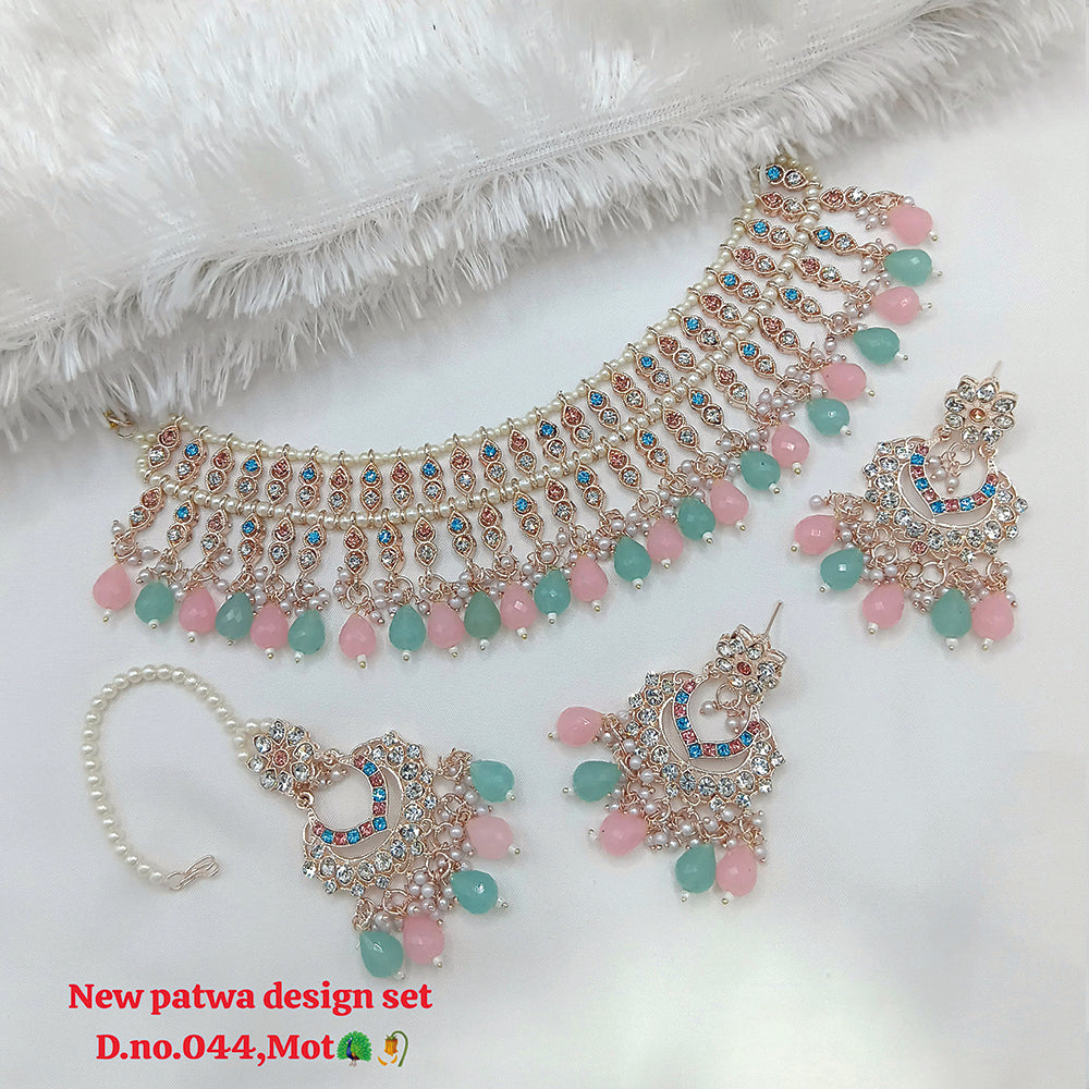 JewelMaze Austrian Stone Choker Necklace Set With Maang Tikka - 11374789