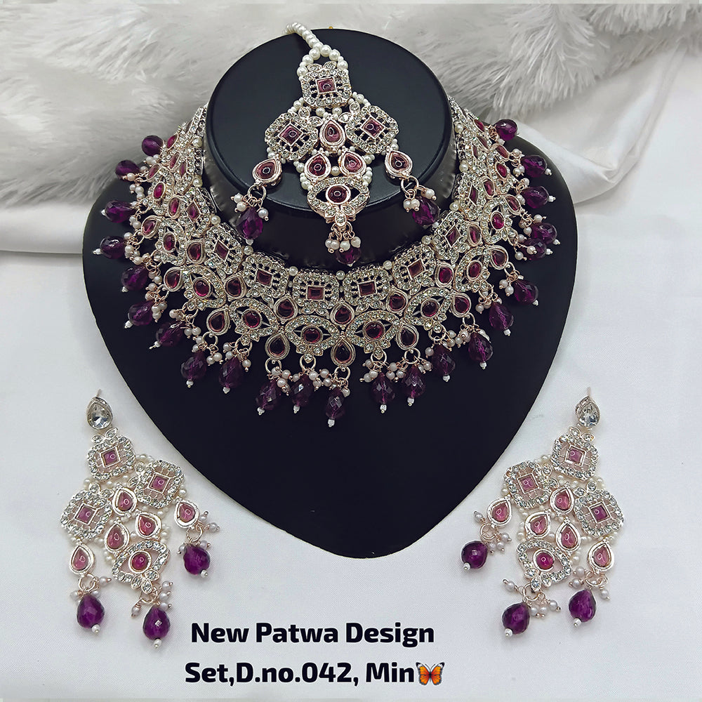 JewelMaze Austrian Stone Choker Necklace Set With Maang Tikka - 11374795