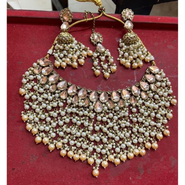JewelMaze Crystal Stone Gold Plated Choker Necklace Set -11374870LC