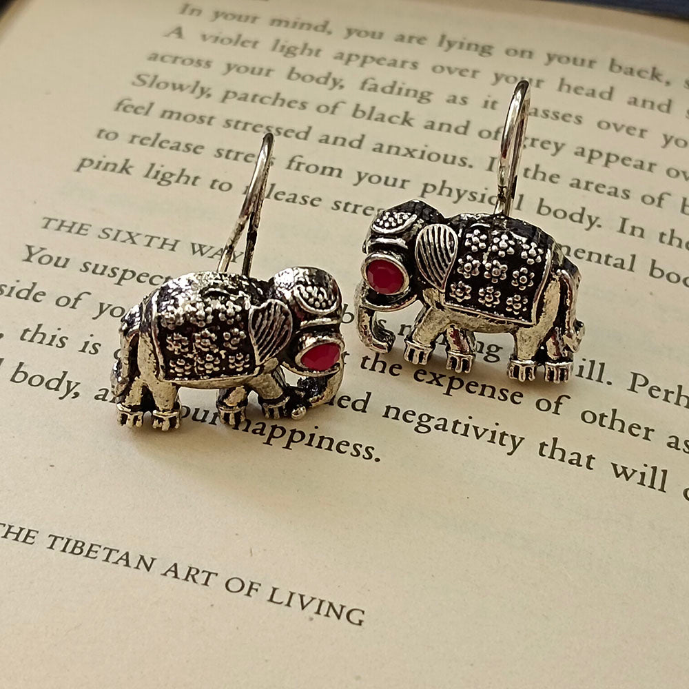 JewelMaze Oxidised Plated Elephant Dangler Earrings