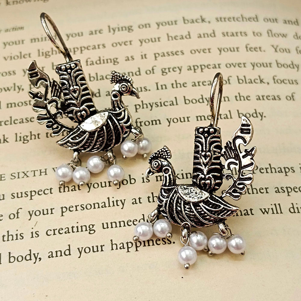 JewelMaze Oxidised Plated Peacock Dangler Earrings