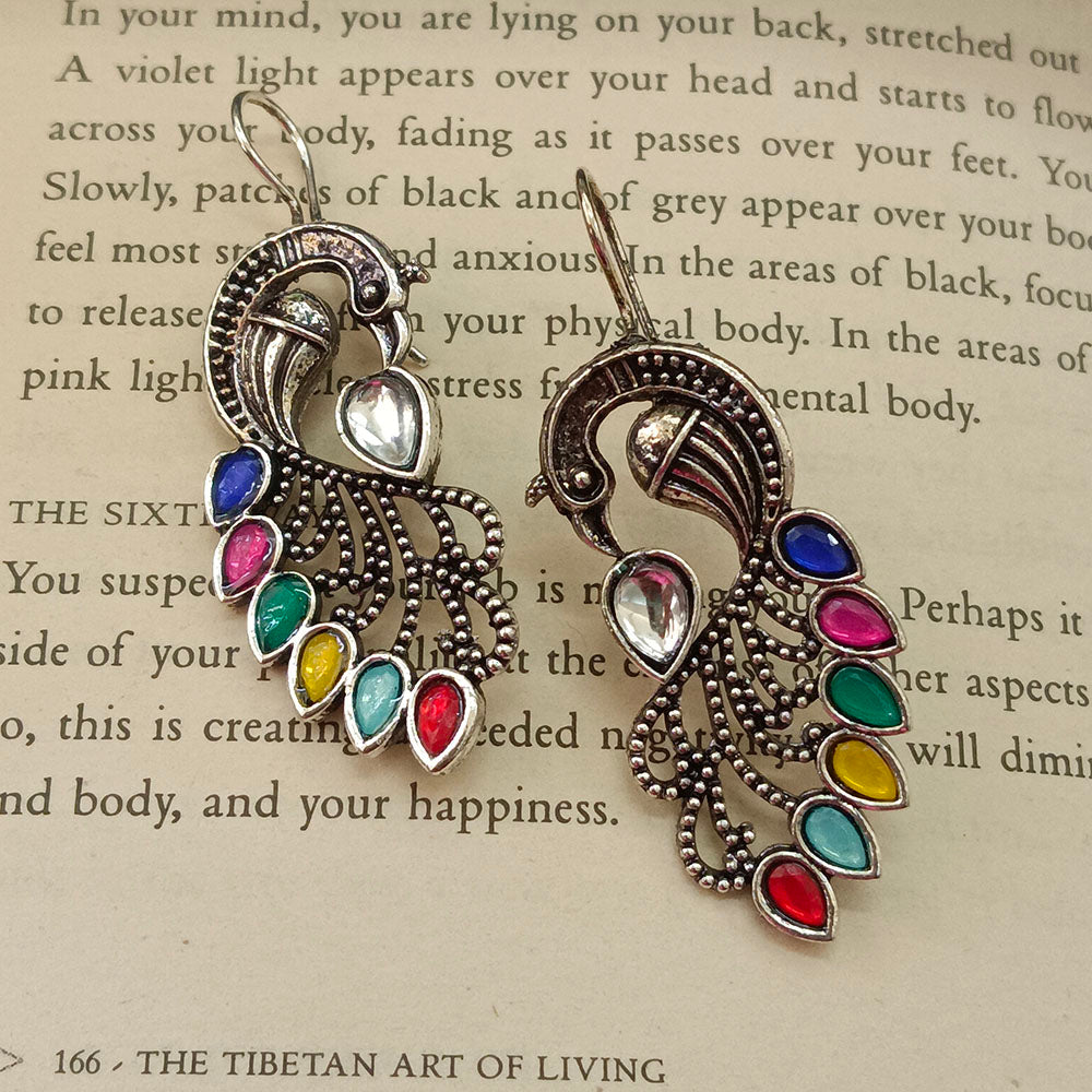 JewelMaze Oxidised Plated Peacock Dangler Earrings