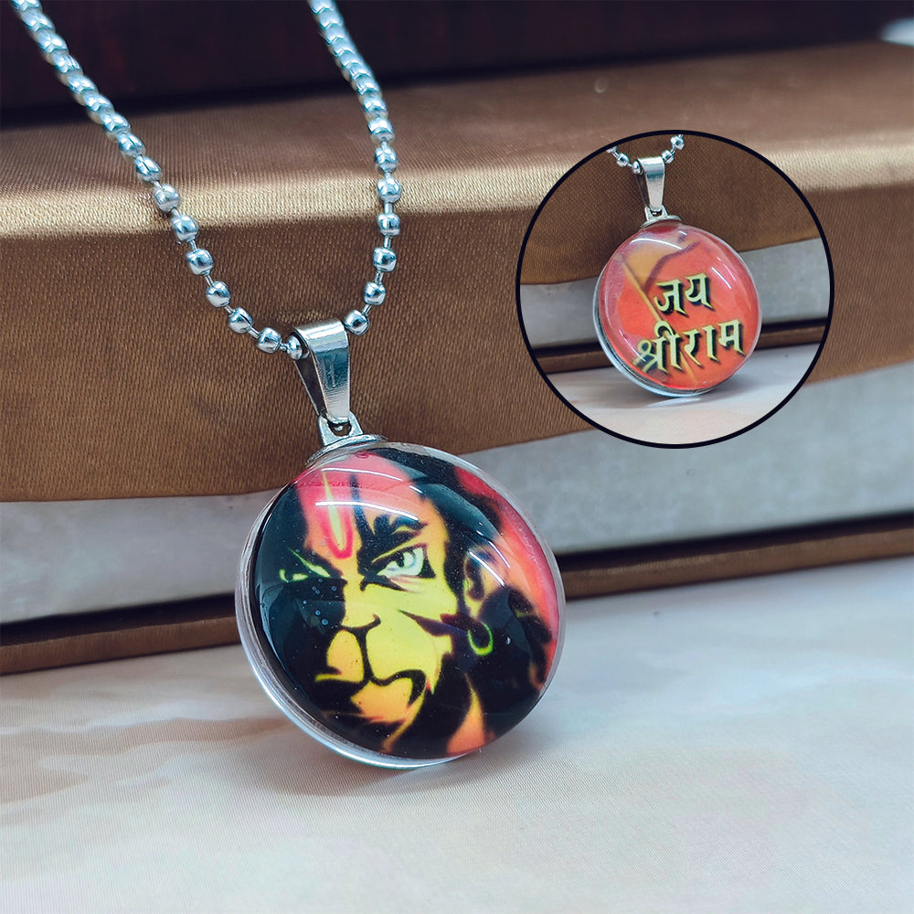 JewelMaze Glass Framed Orange Enamel Hanuman Locket Chain Pendant