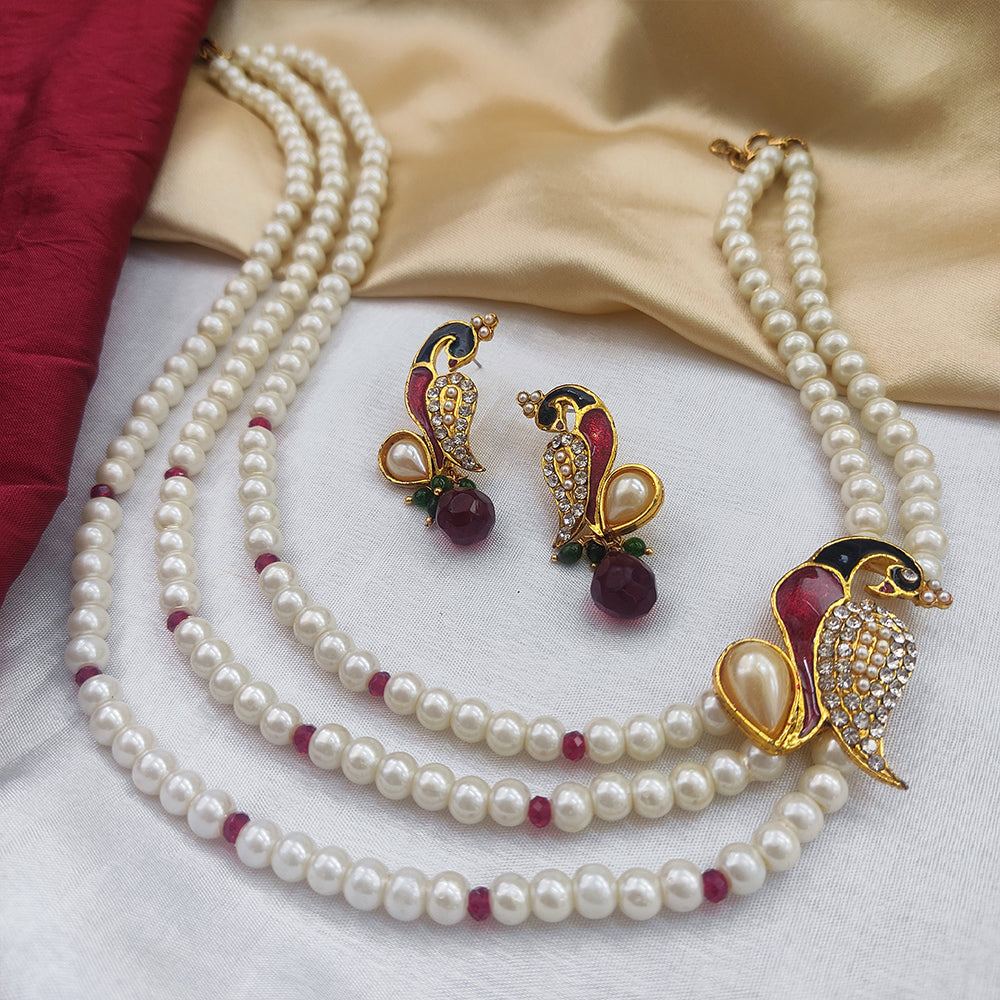 Apurva Red Austrian Stone Peacock Pearl Pendant Set