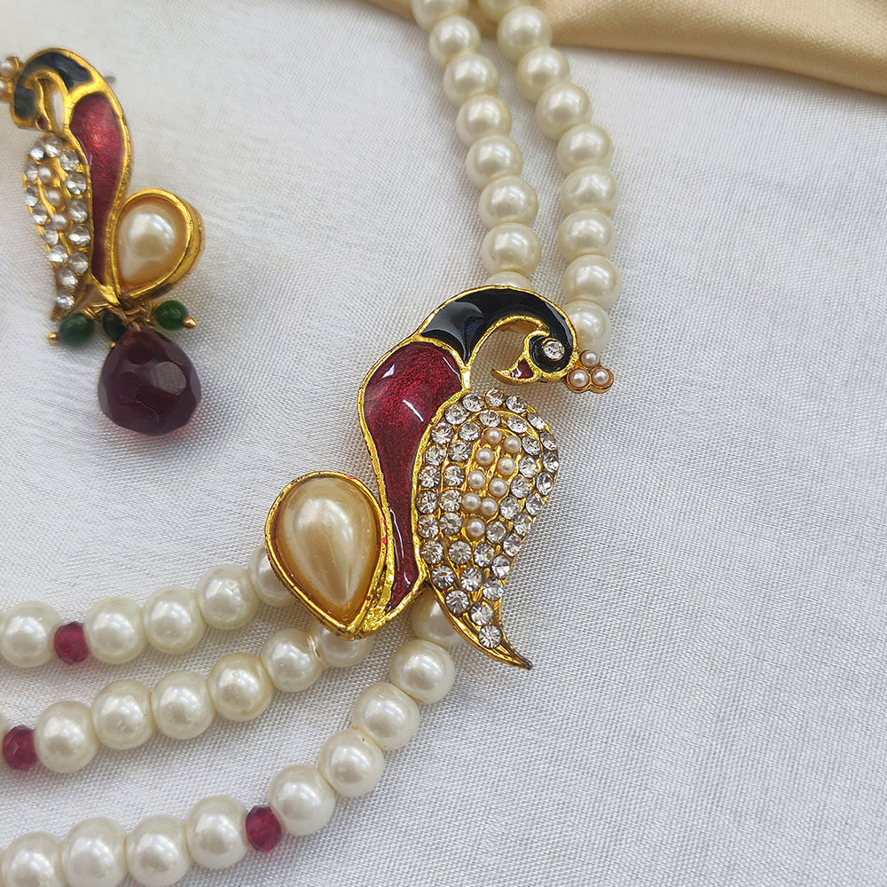 Apurva Red Austrian Stone Peacock Pearl Pendant Set