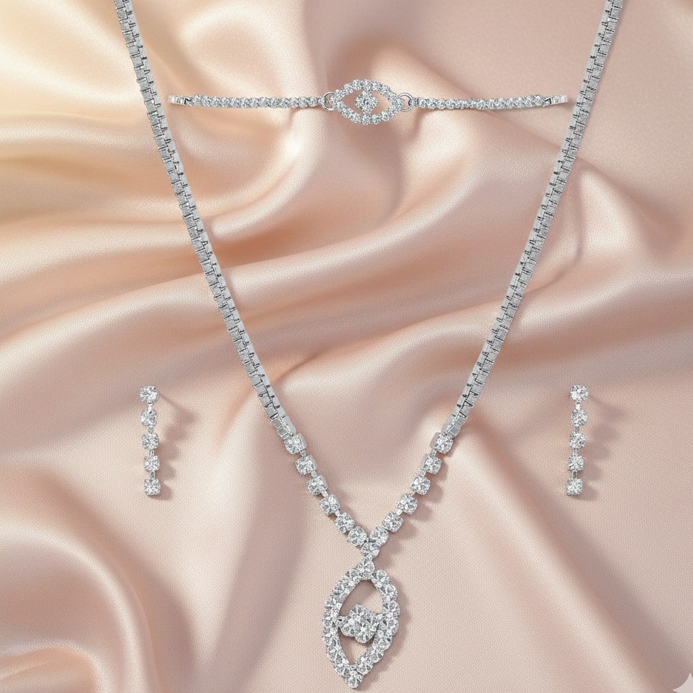 JewelMaze White Austrian Stone Necklace Set With Maang Tikka