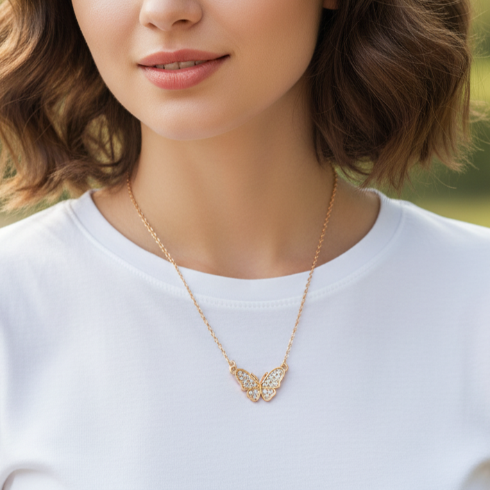 JewelMaze Rose Gold Plated Butterfly Auatrian Stone Chain Pendant -1204511