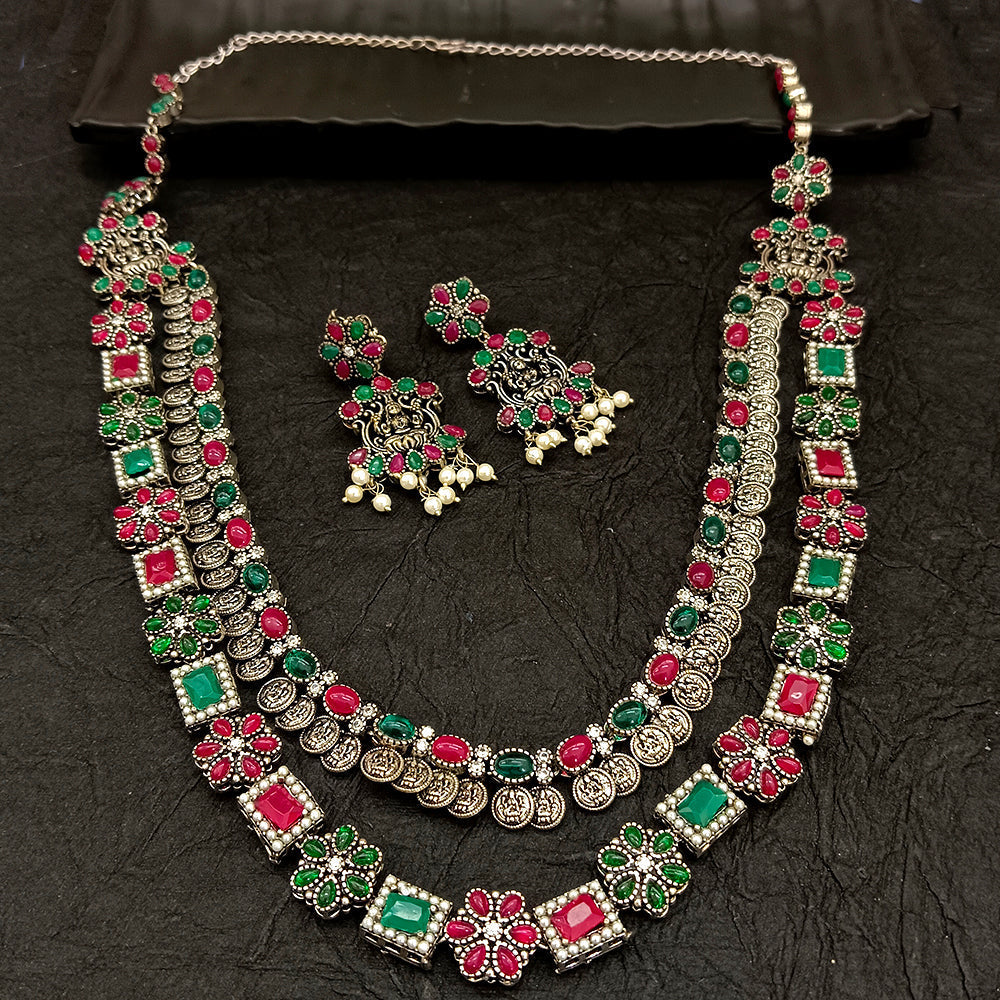 Bhavi Jewel Oxidised Plated Kundan Stone And Temple Necklace Set