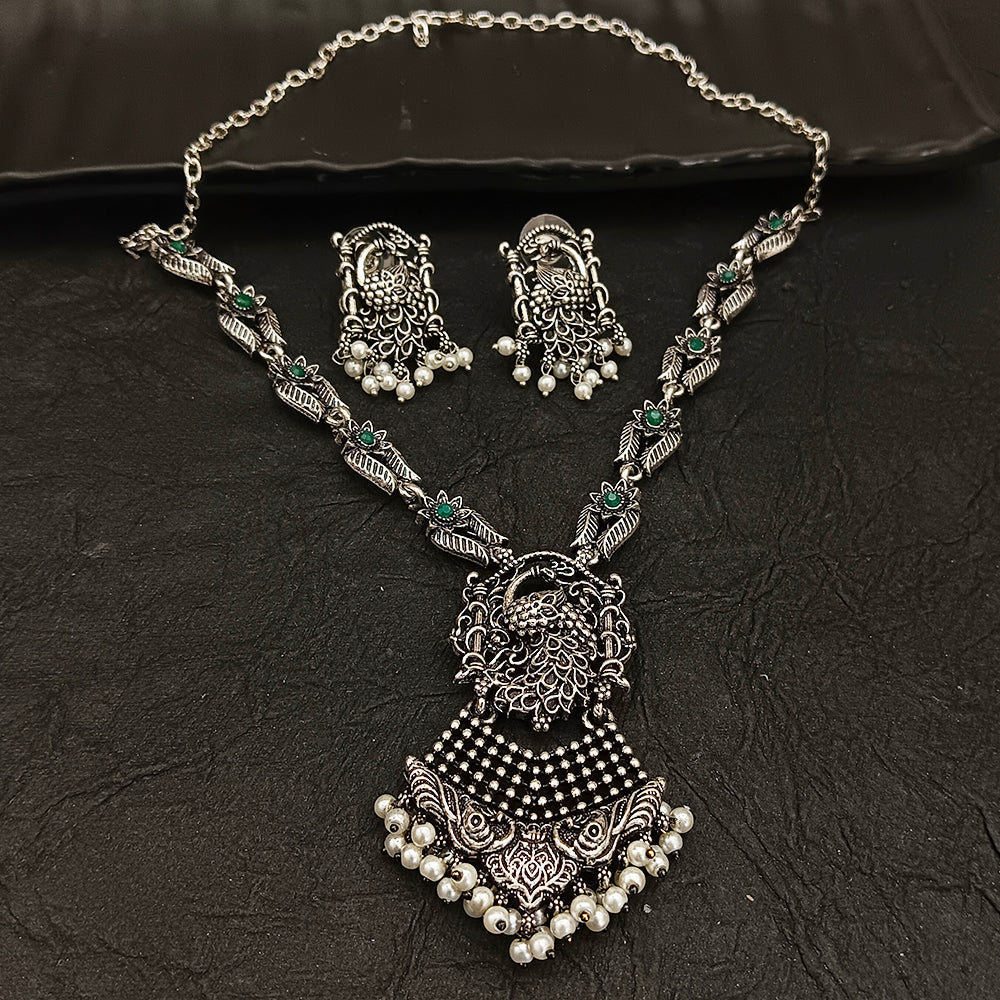 Bhavi Jewel Oxidised Plated Peacock Pearl Necklace Set
