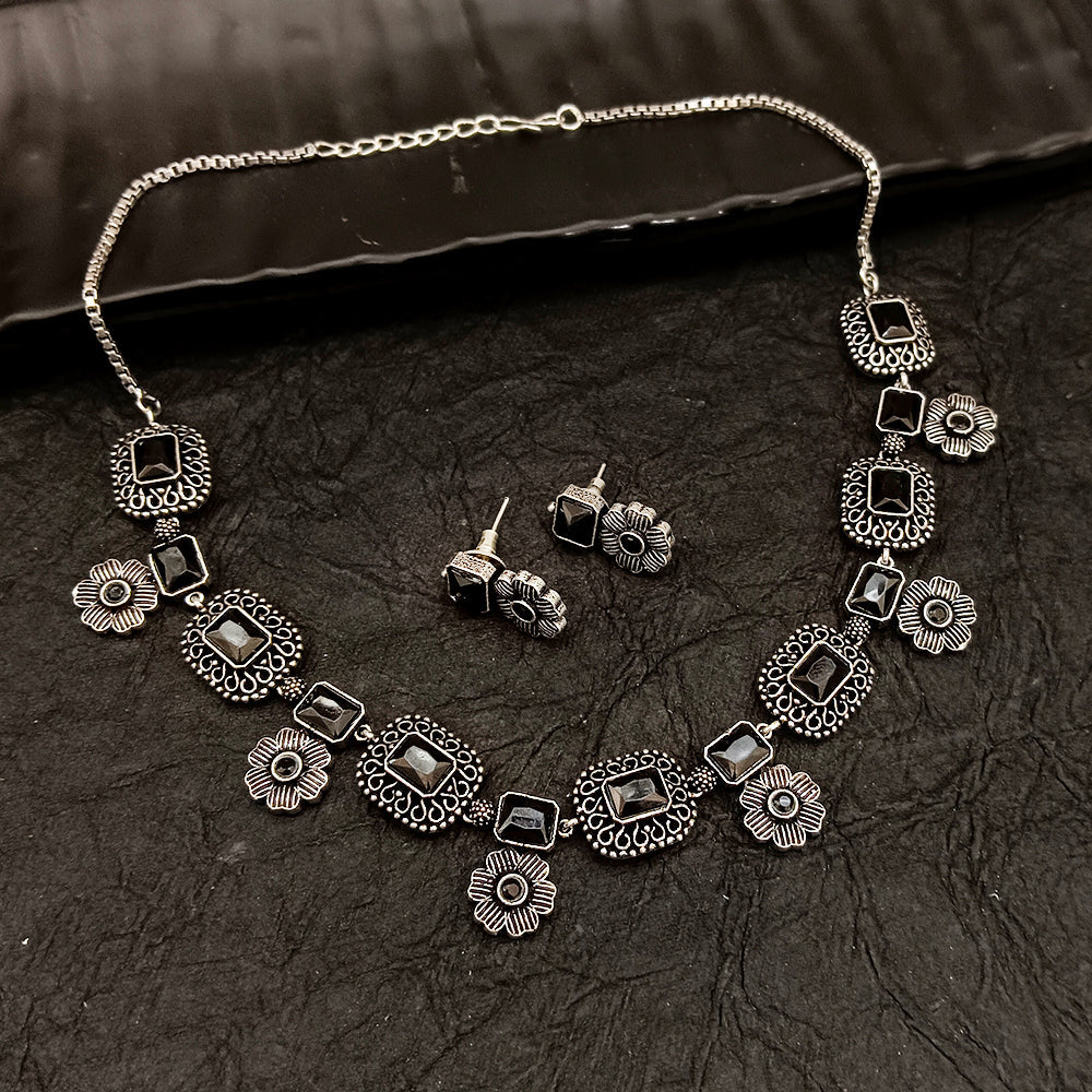 Bhavi Jewel Oxidised Plated Crystal Stone Necklace Set