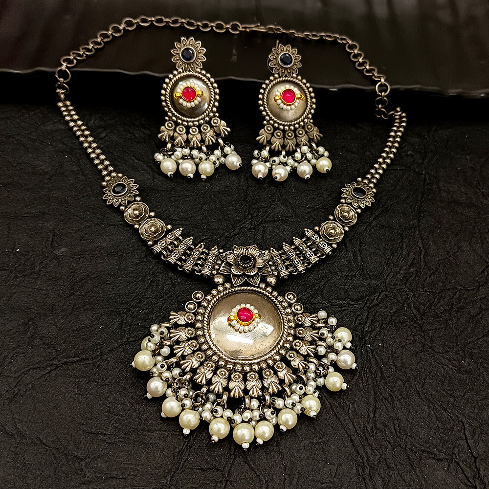 Bhavi Jewel Oxidised Plated Kundan And Pearl Necklace Set