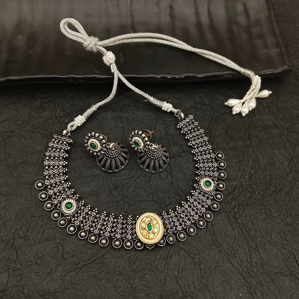 Bhavi Jewel Oxidised Plated Kundan And Pearl Necklace Set