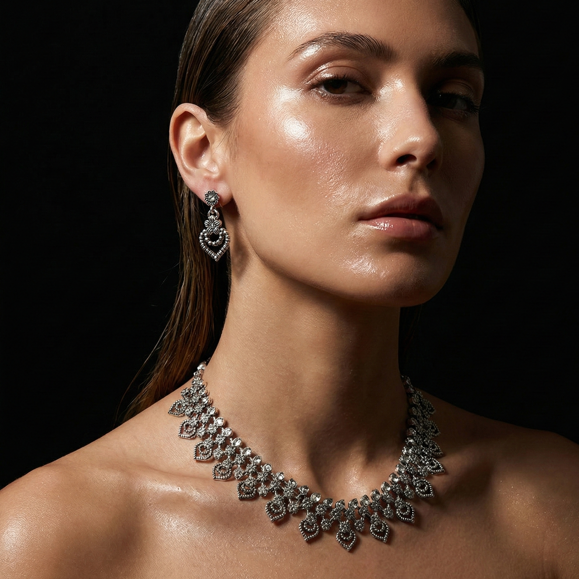 JewelMaze Silver Plated Austrian Stone Necklace Set