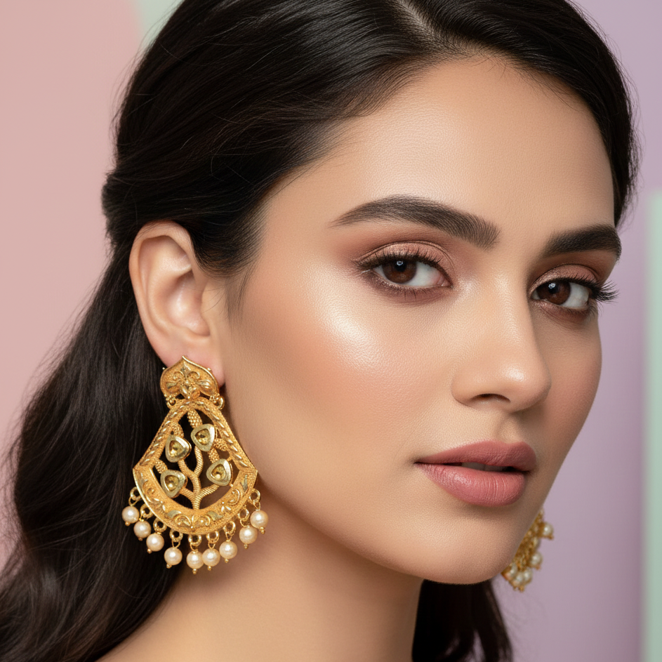 JewelMaze Peach Matte Meenakari Dangler Beads Drop Earrings - 1318001B