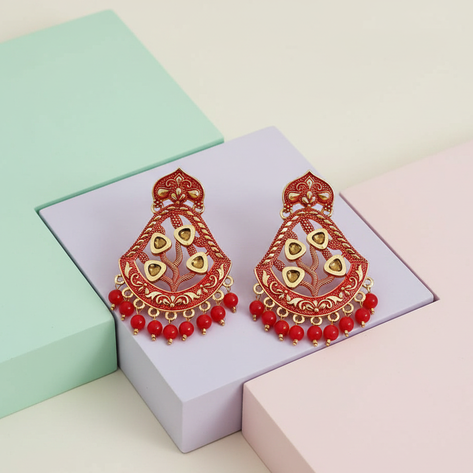 JewelMaze Red Matte Meenakari Dangler Beads Drop Earrings -1318001G