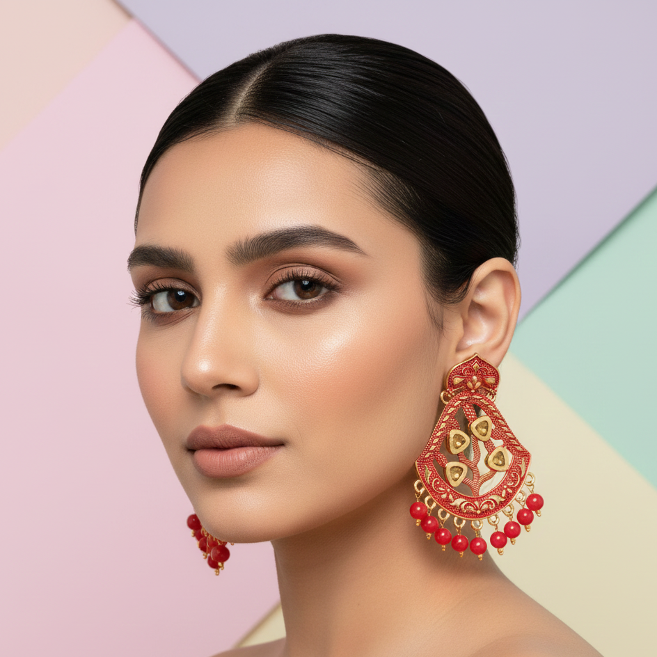 JewelMaze Red Matte Meenakari Dangler Beads Drop Earrings -1318001G