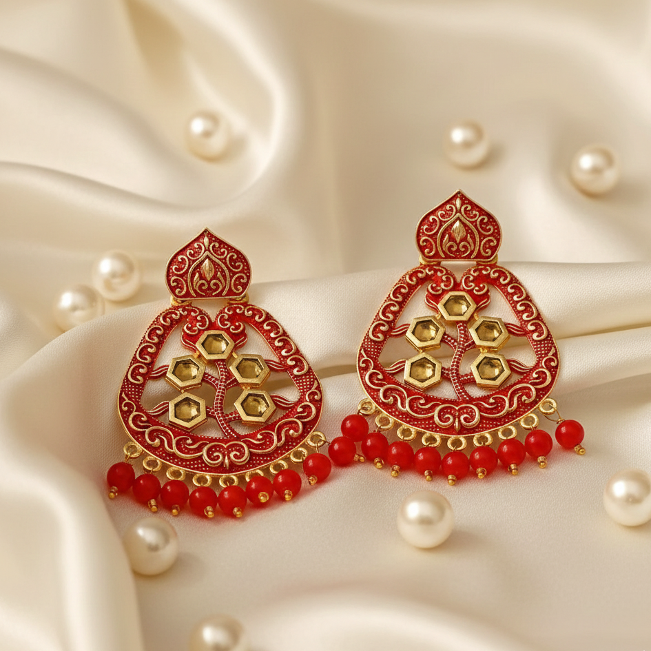 JewelMaze Red Matte Meenakari Dangler Beads Drop Earrings -1318002G