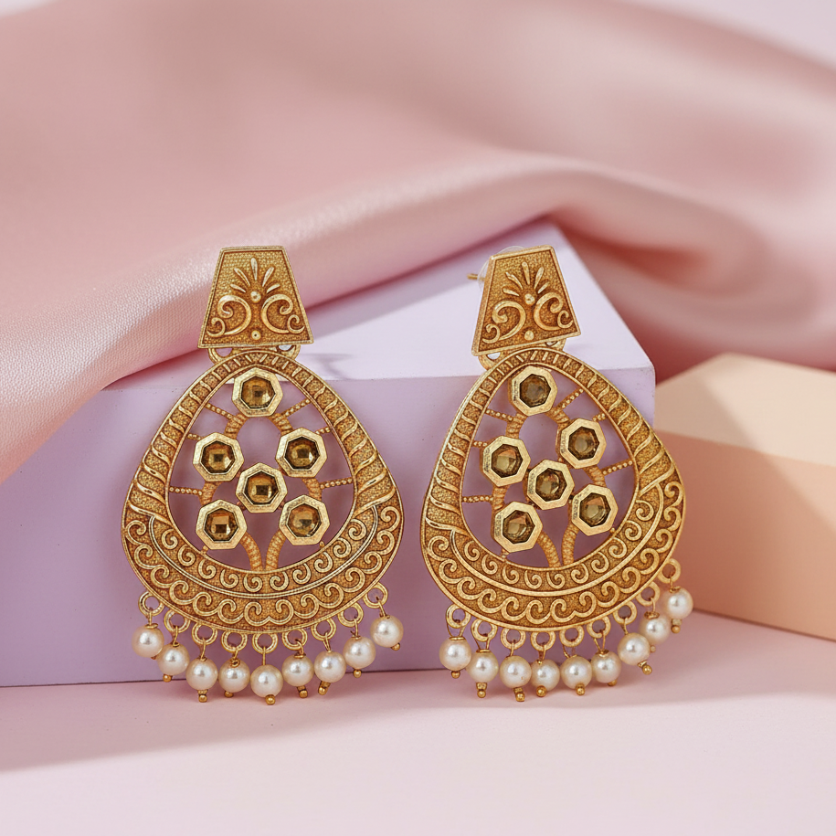 JewelMaze Peach Matte Meenakari Dangler Beads Drop Earrings - 1318003B