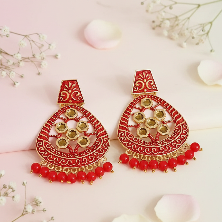 JewelMaze Red Matte Meenakari Dangler Beads Drop Earrings -1318003G