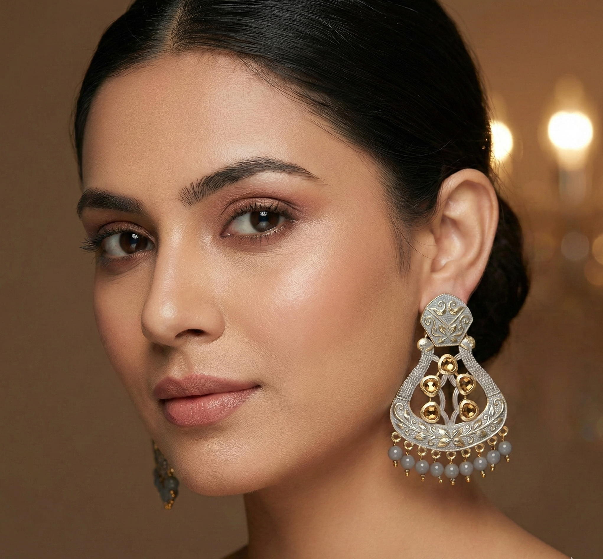 JewelMaze Grey Matte Meenakari Dangler Beads Drop Earrings -1318004D