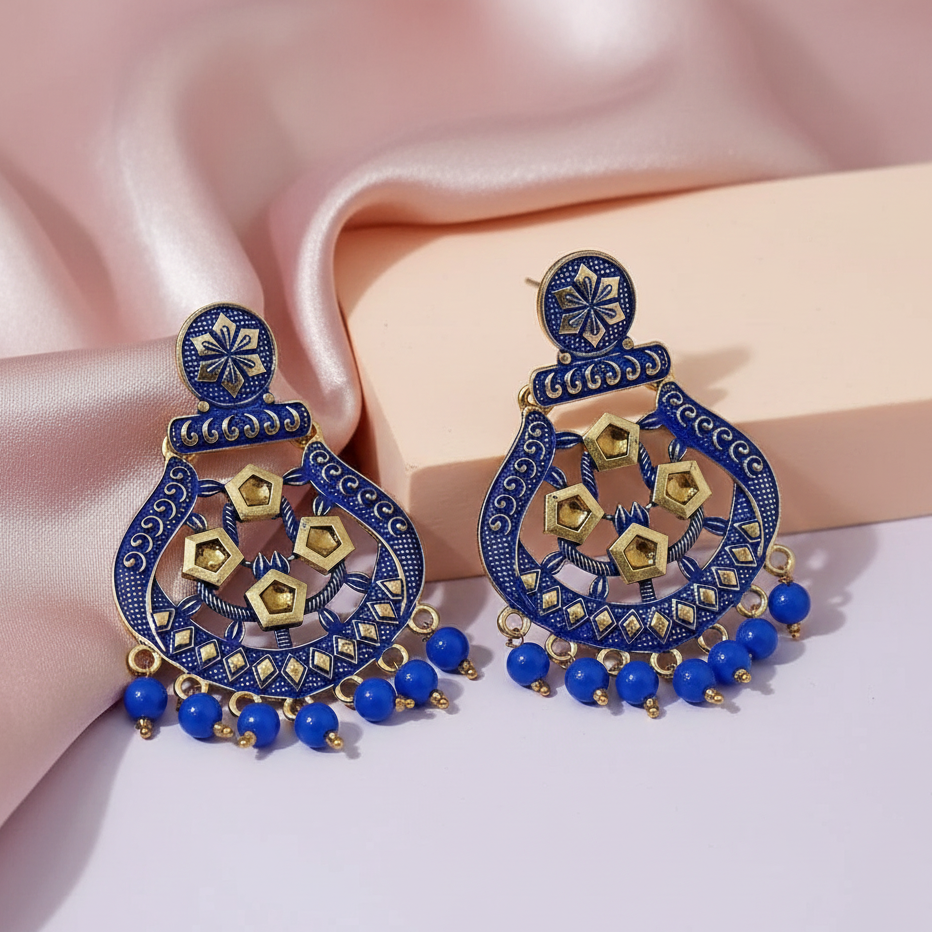 JewelMaze Blue Matte Meenakari Dangler Beads Drop Earrings -1318004E