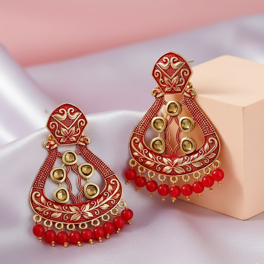 JewelMaze Red Matte Meenakari Dangler Beads Drop Earrings -1318004G