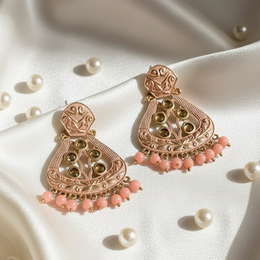 JewelMaze Peach Matte Meenakari Dangler Beads Drop Earrings -1318004H