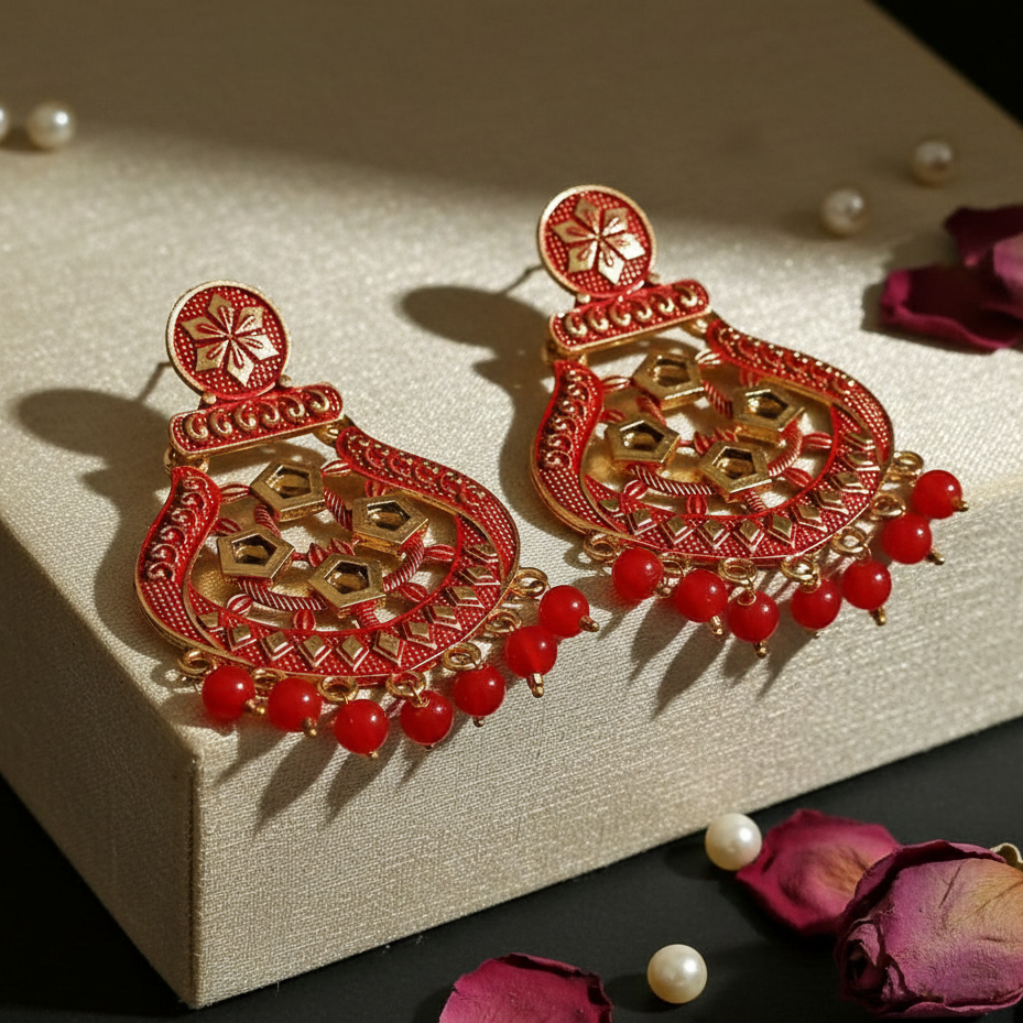 JewelMaze Red Matte Meenakari Dangler Beads Drop Earrings -1318005G