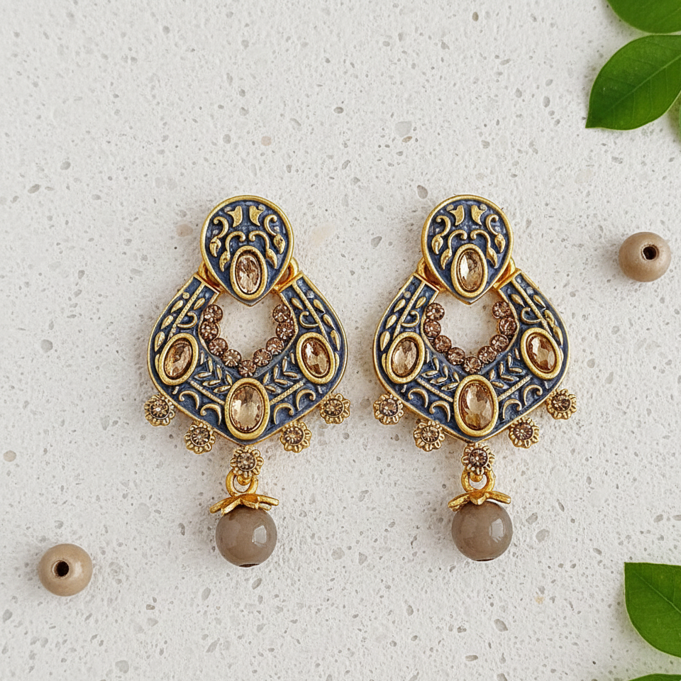 JewelMaze Grey Matte Meenakari Dangler Earrings -1318055C