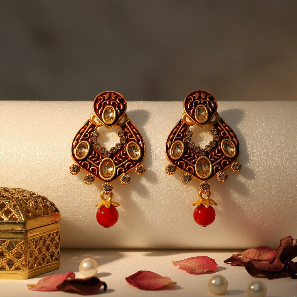 JewelMaze Maroon Matte Meenakari Dangler Earrings -1318055D