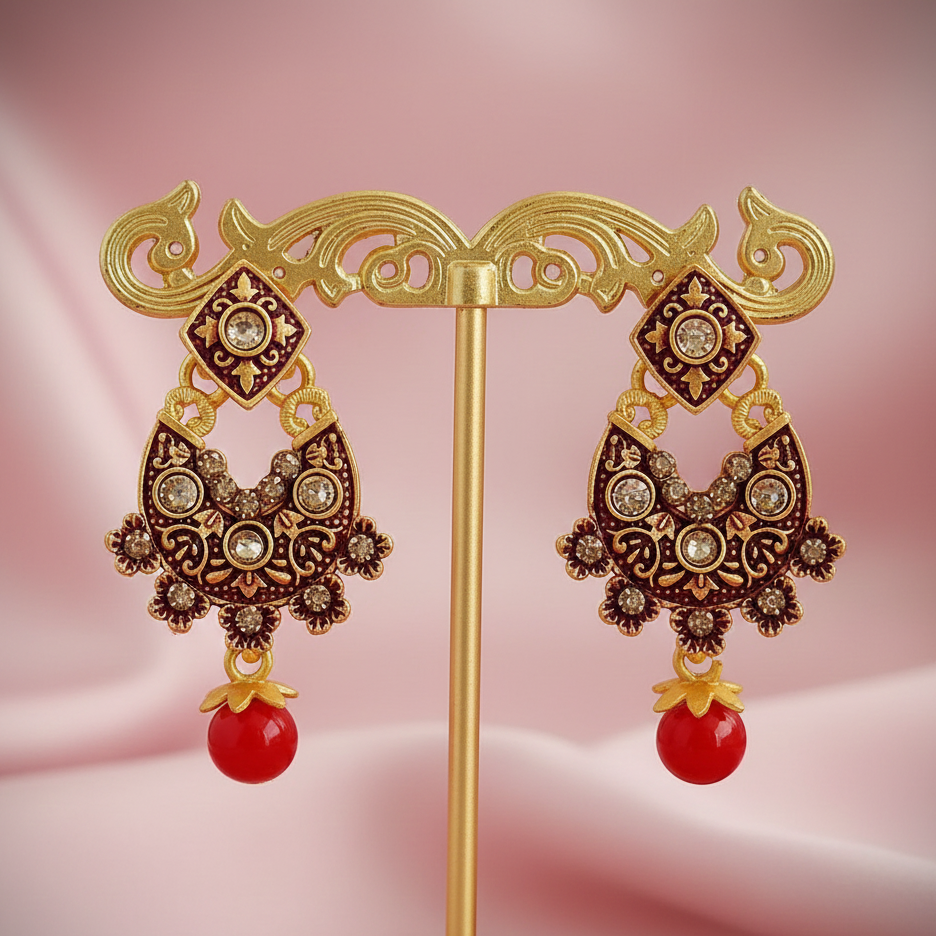 JewelMaze Maroon Matte Meenakari Dangler Earrings -1318058D