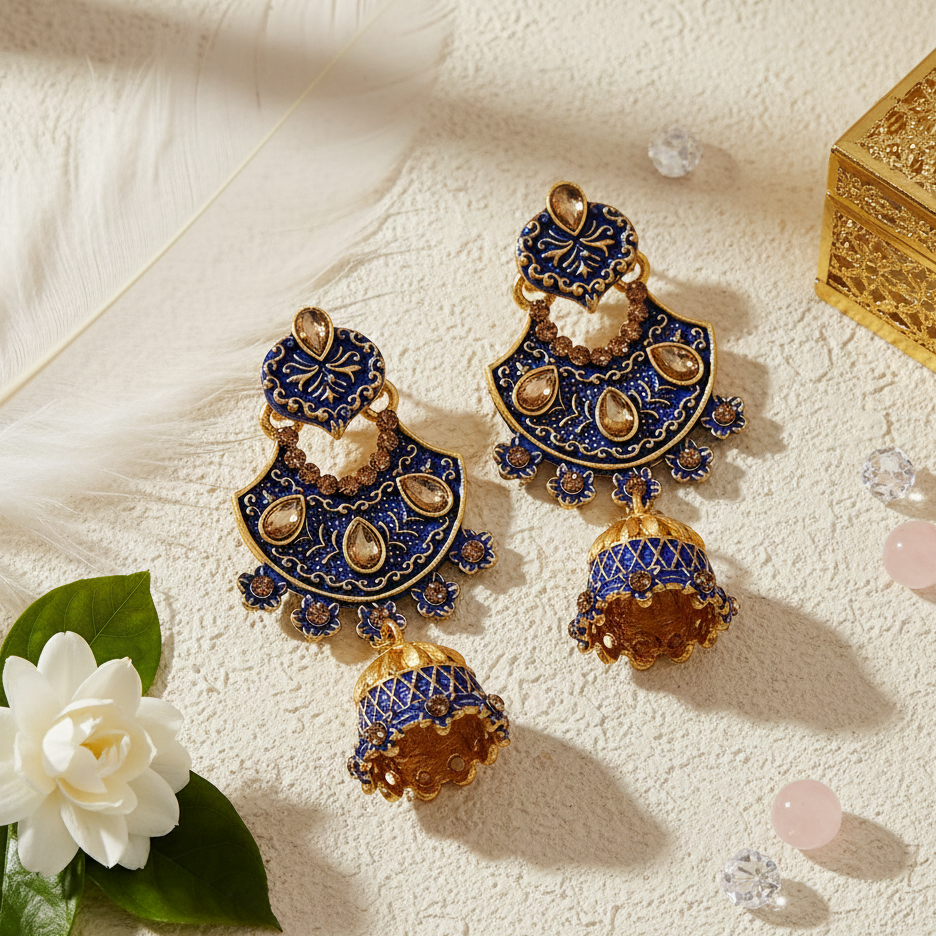 JewelMaze Blue Matte Meenakari Jhumki Earrings -1318061E