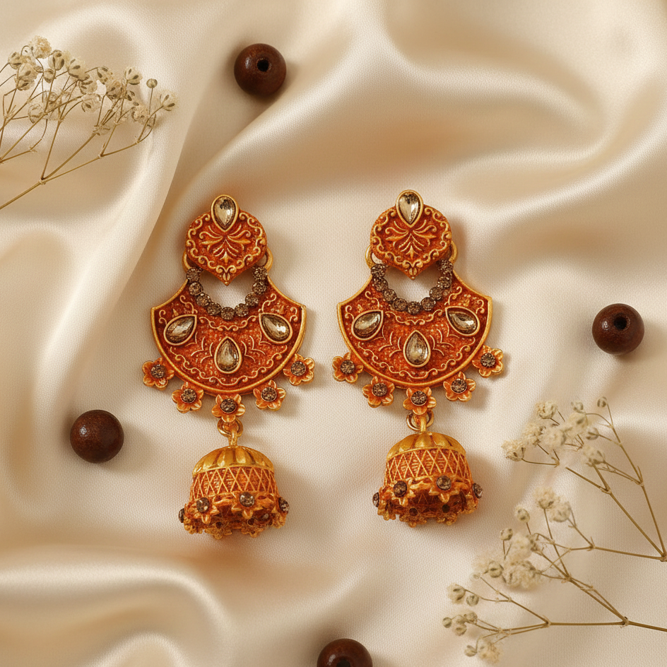 JewelMaze Orange Matte Meenakari Jhumki Earrings -1318061F