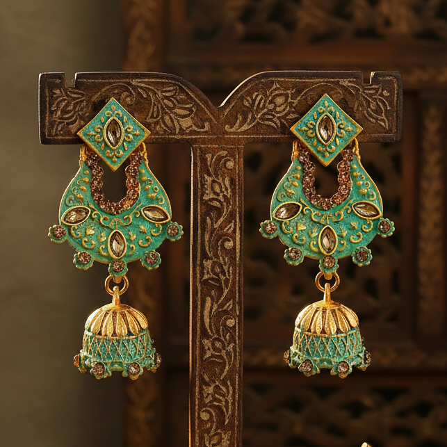 JewelMaze Green Matte Meenakari Jhumki Earrings-1318063b