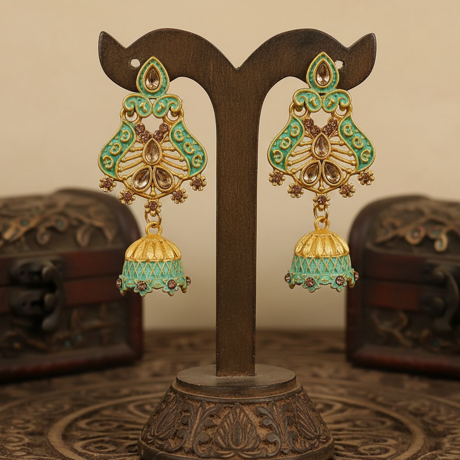 JewelMaze Green Matte Meenakari Jhumki Earrings -1318066B
