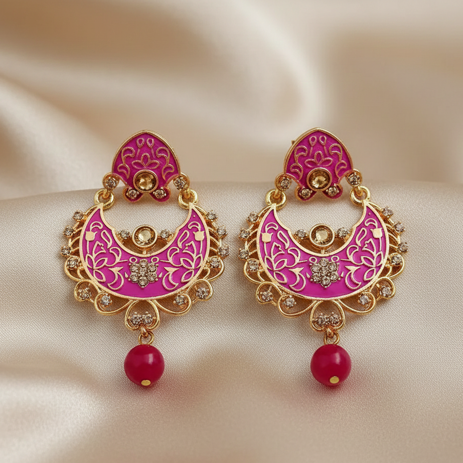 JewelMaze Pink Meenakari Matte Dangler Earrings -1318086A