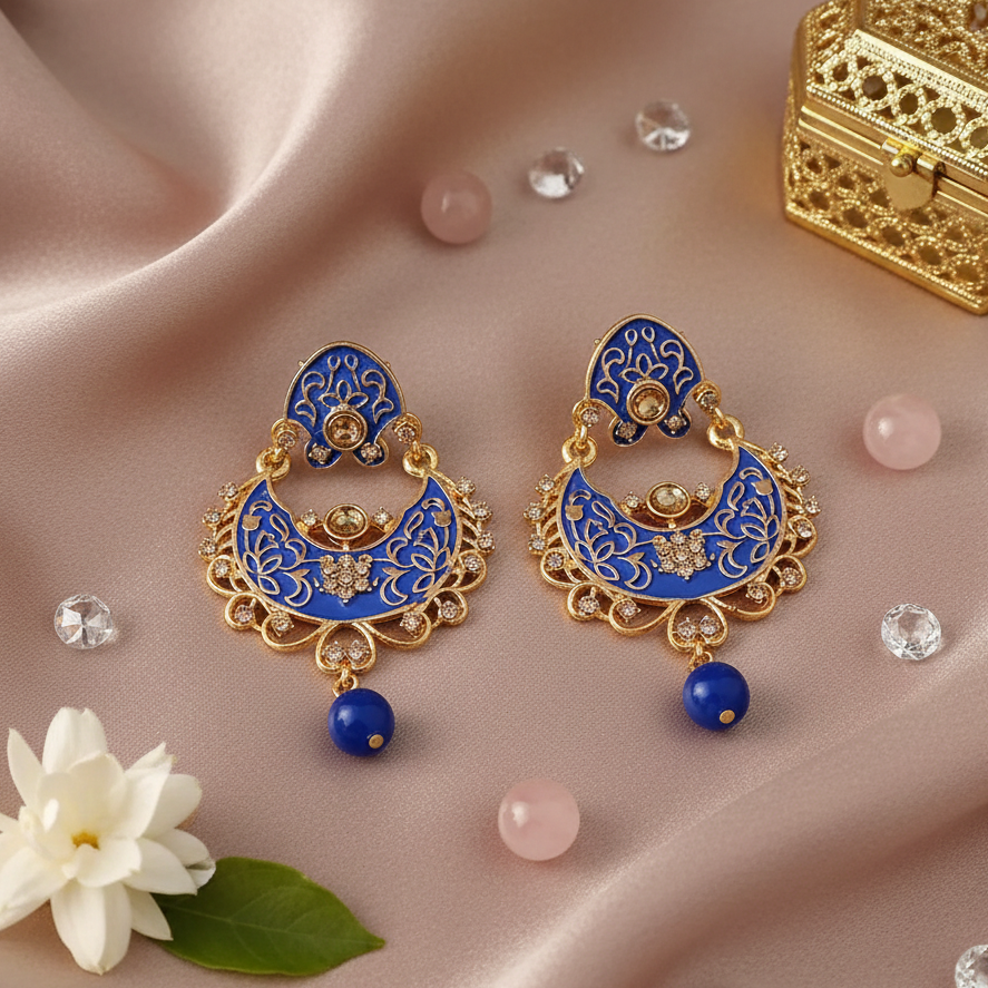 JewelMaze Blue Meenakari Matte Dangler Earrings -1318086E