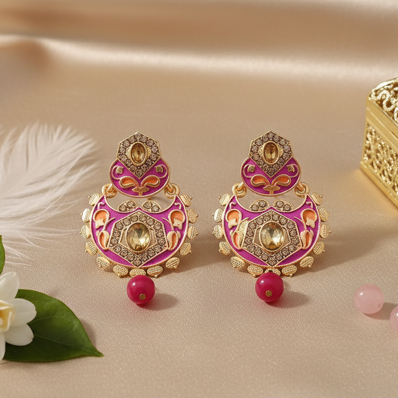 JewelMaze Pink Meenakari Matte Dangler Earrings -1318087A