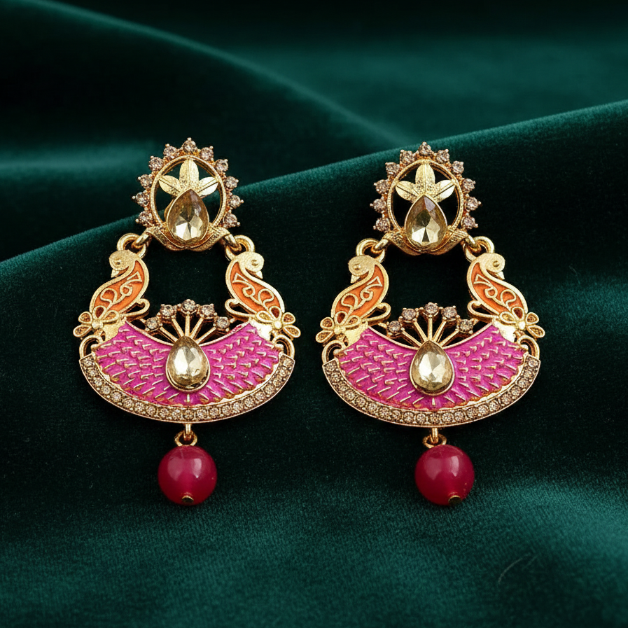 JewelMaze Pink Meenakari Matte Dangler Earrings -1318089A