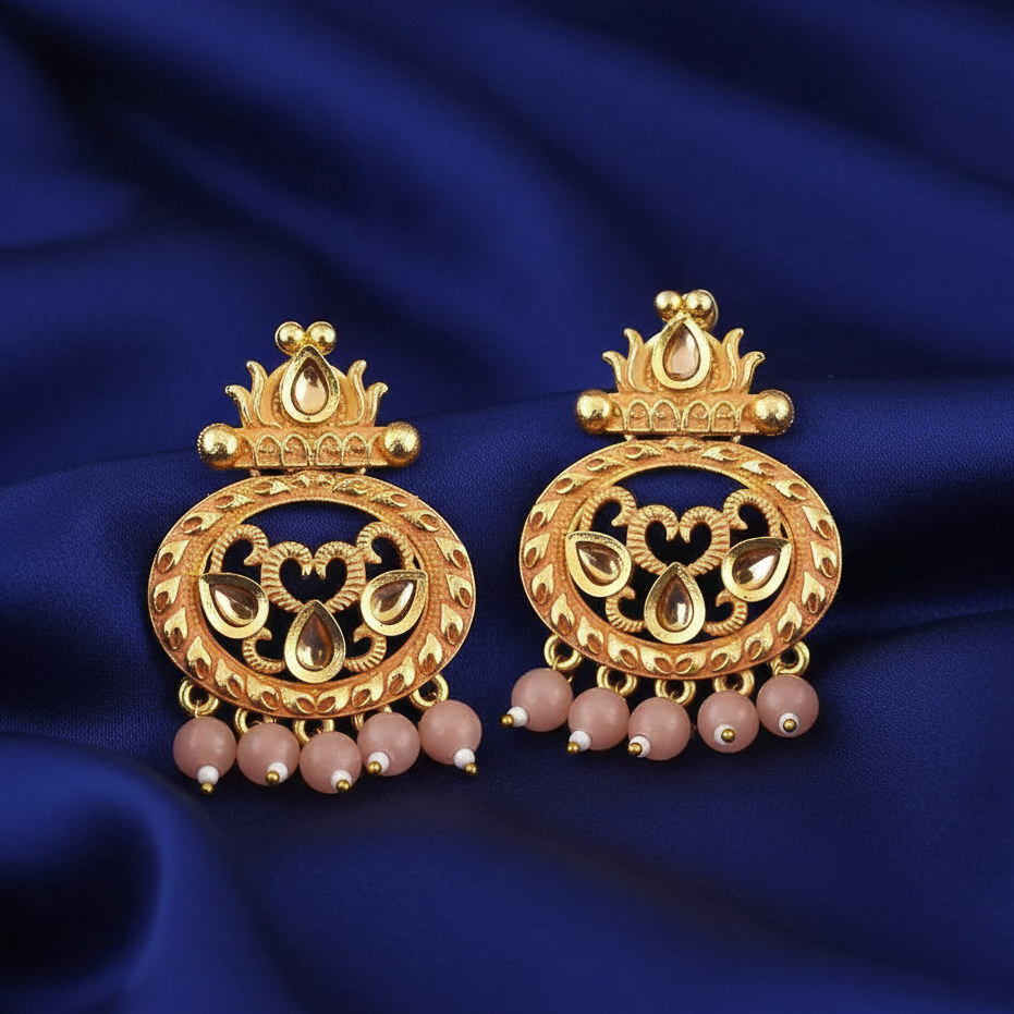 JewelMaze Peach Matte Meenakari Dangler Beads Drop Earrings - 1318092D