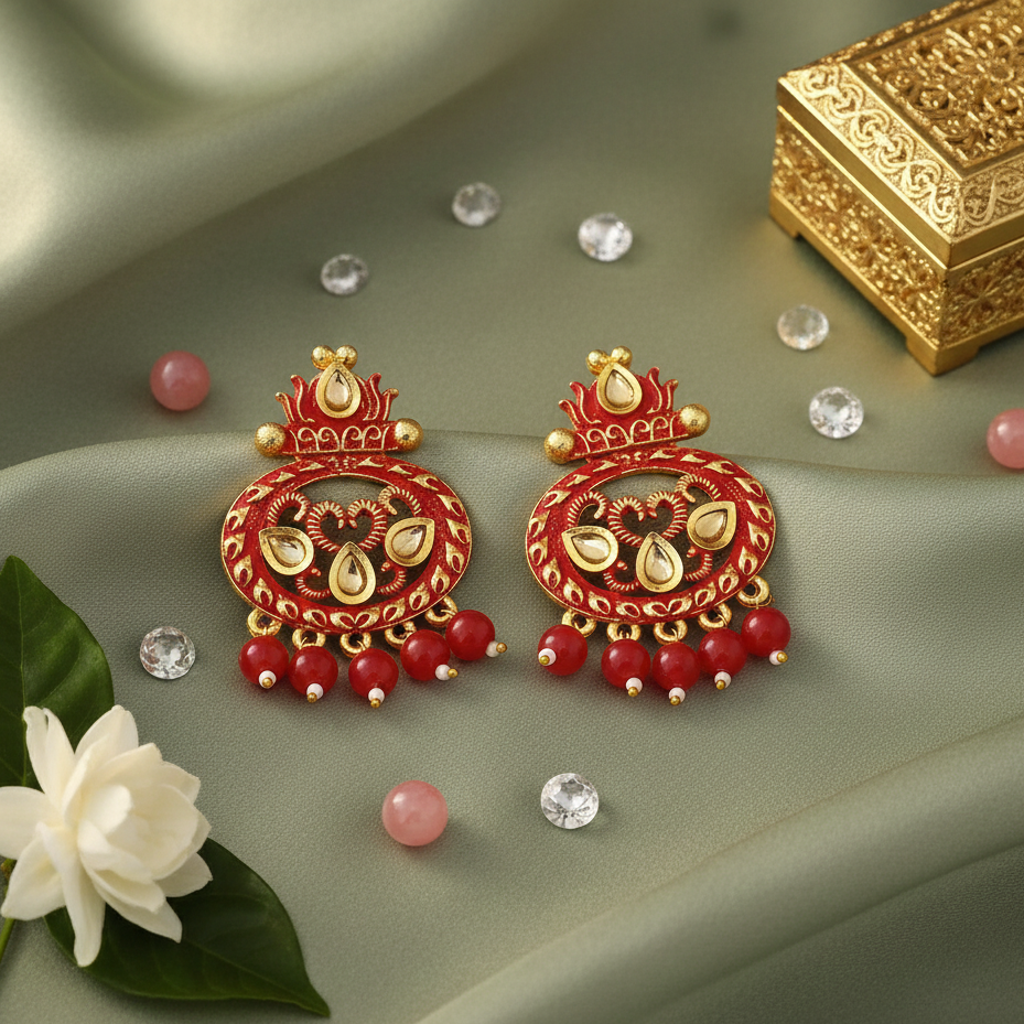 JewelMaze Red Matte Meenakari Dangler Beads Drop Earrings - 1318092F