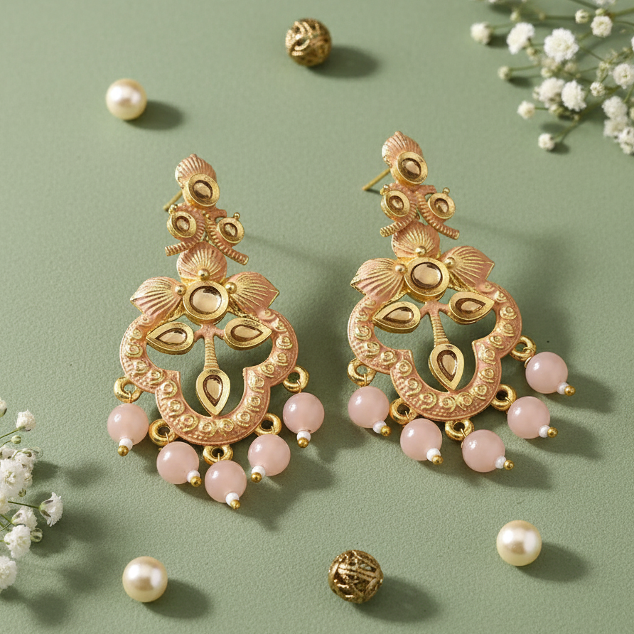 JewelMaze Peach Matte Meenakari Dangler Beads Drop Earrings - 1318093D