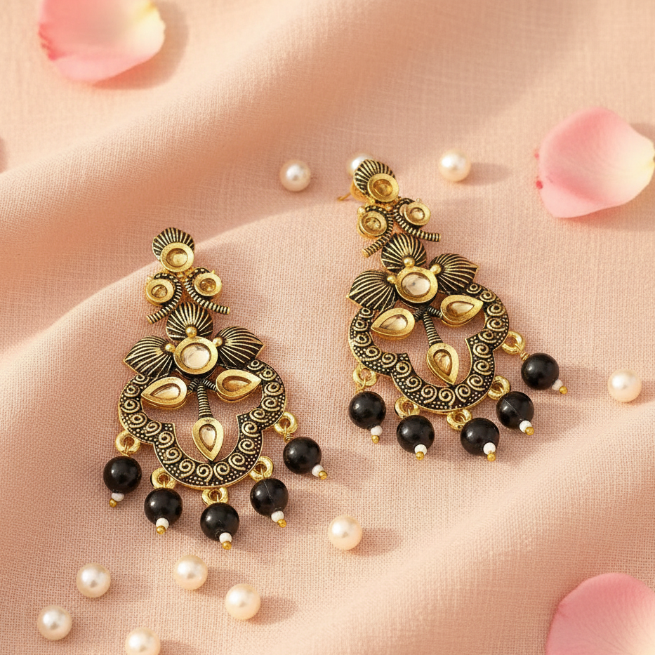 JewelMaze Black Matte Meenakari Dangler Beads Drop Earrings - 1318093E