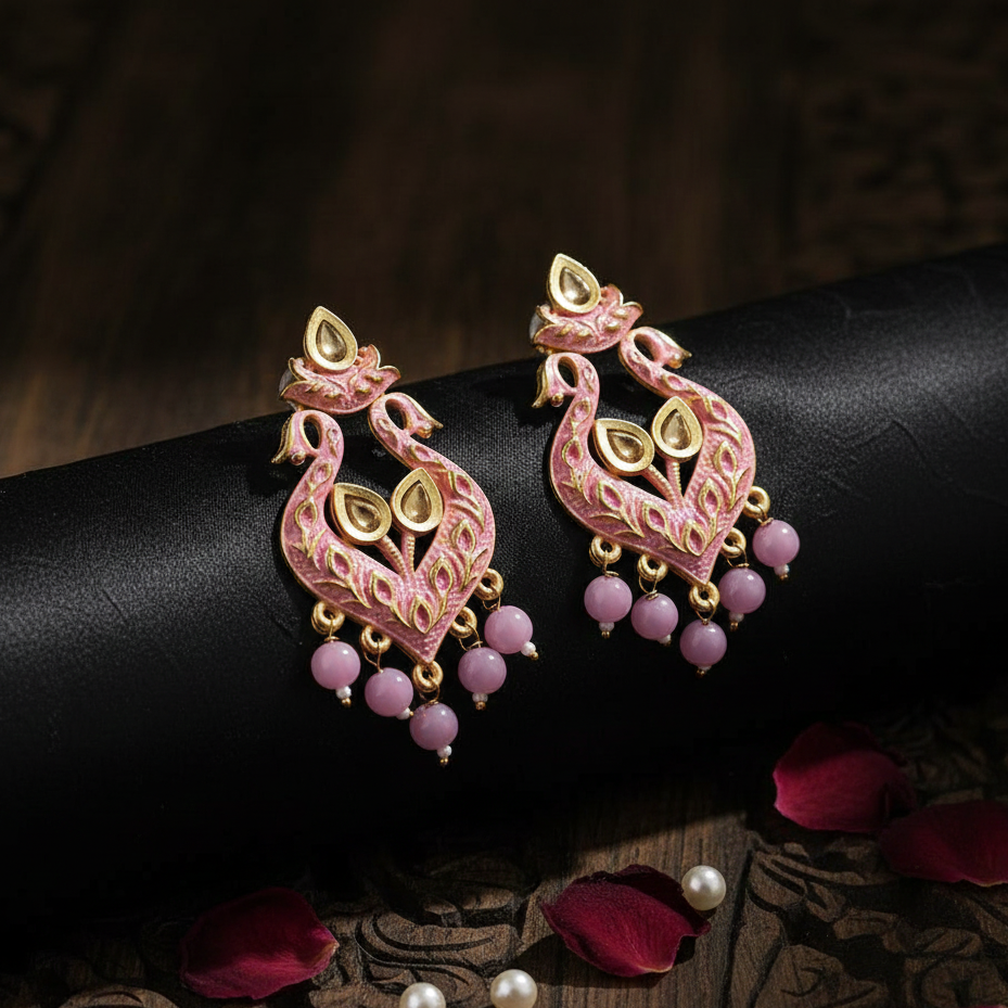 JewelMaze Pink Matte Meenakari Dangler Beads Drop Earrings - 1318094A