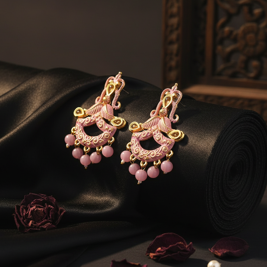 JewelMaze Pink Matte Meenakari Dangler Beads Drop Earrings - 1318095A