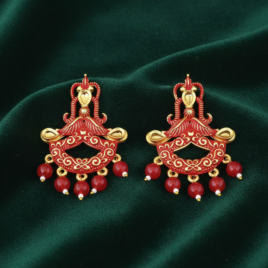 JewelMaze Red Matte Meenakari Dangler Beads Drop Earrings - 1318095F