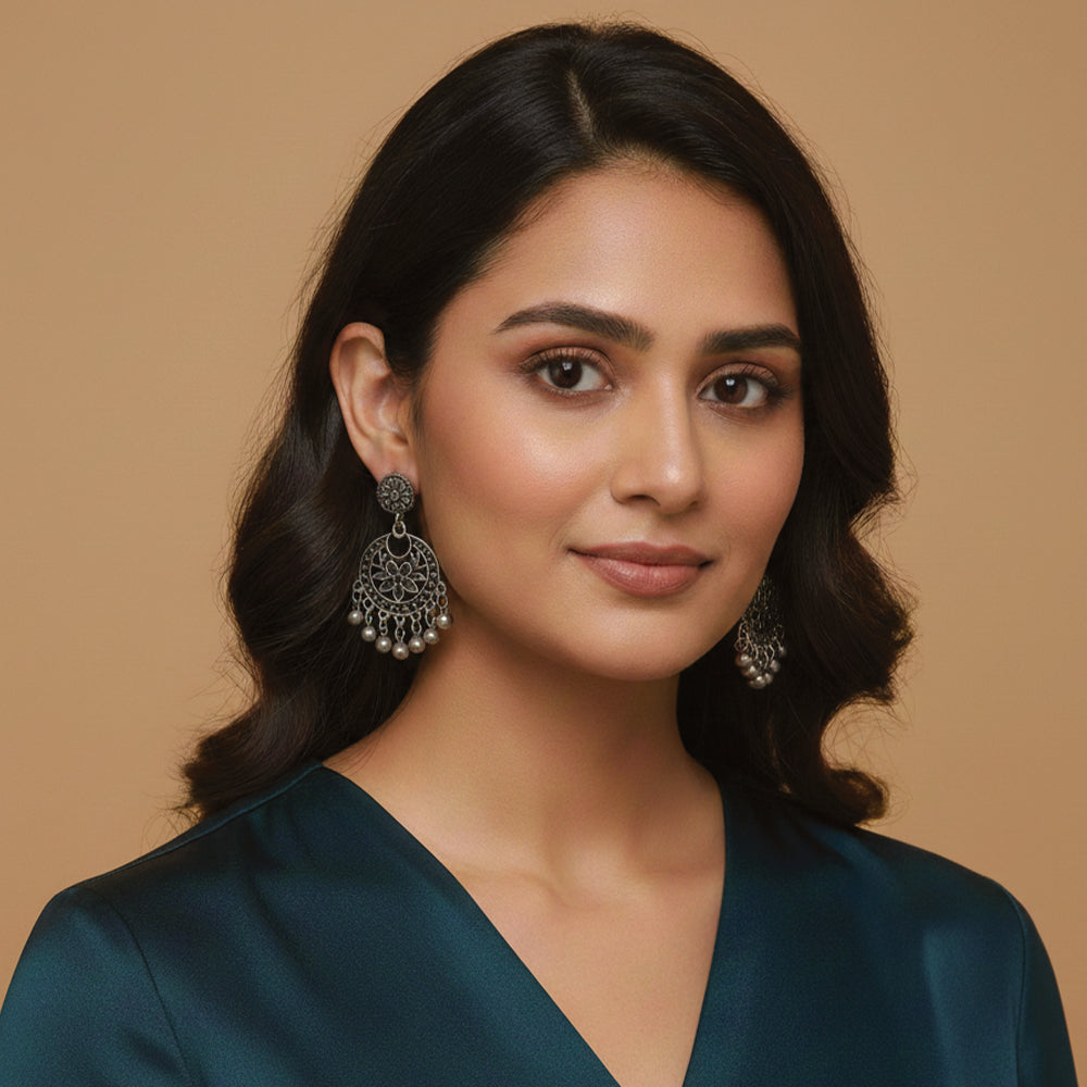 Jewelmaze Oxidised Floral Dangler Earrings