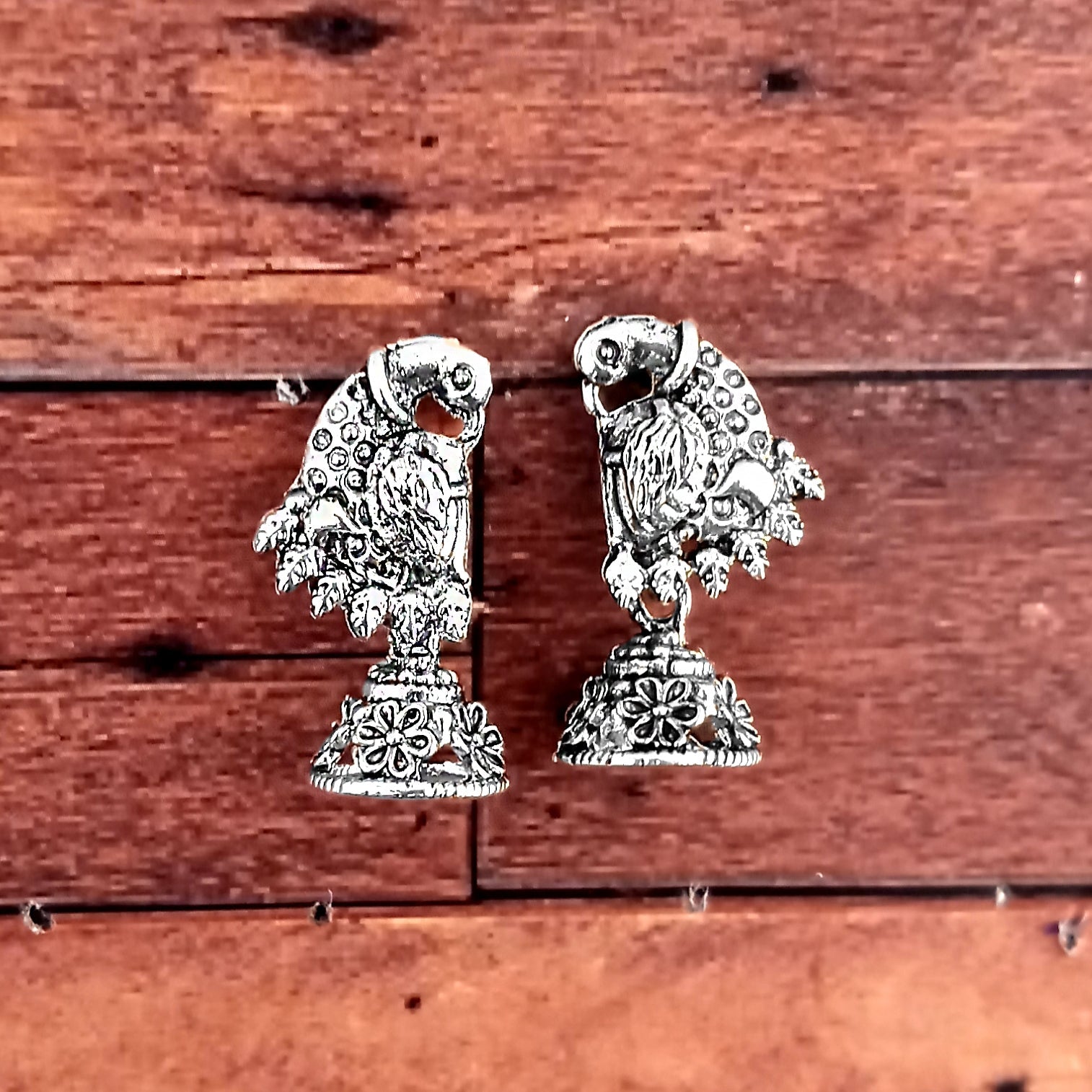 JewelMaze Silver Plated Peacock Small Jhumki Earrings